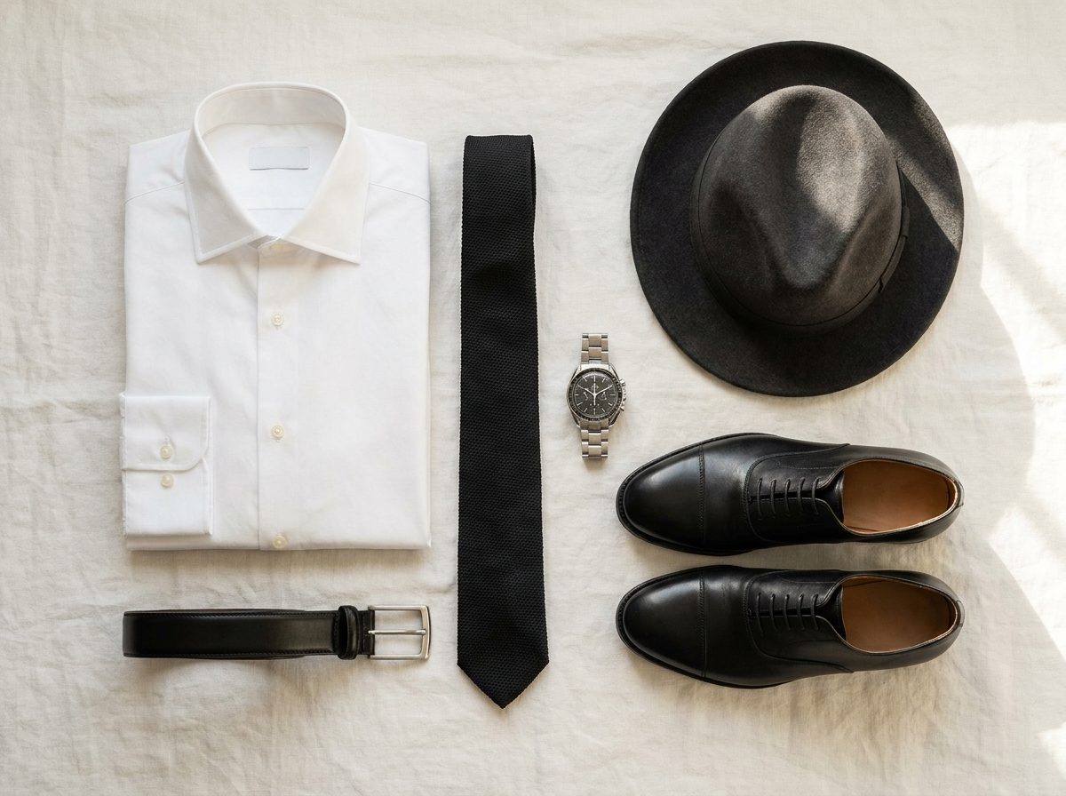 A curated Timothy Morgan outfit laid out on linen